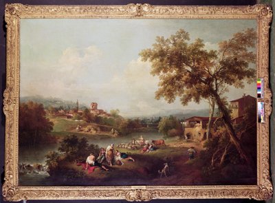 村のある広大な川の風景 作： Francesco Zuccarelli