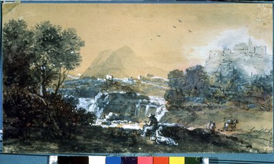 滝のある風景。 Francesco Zuccarelli (1702-1788) によるデッサン。 紙に水彩、インク 作： Francesco Zuccarelli