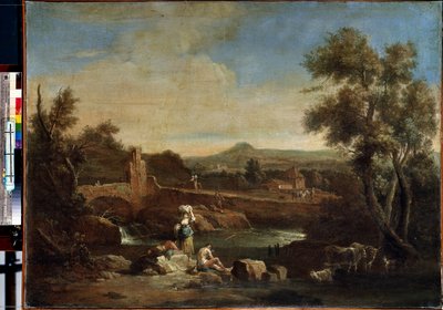 川のある風景。 Francesco Zuccarelli (1702-1788) の絵画。 キャンバスに油彩、81.5 x 119 cm。 18世紀のヴェネツィア美術. エルミタージュ美術館、サンクトペテルブルク。 作： Francesco Zuccarelli