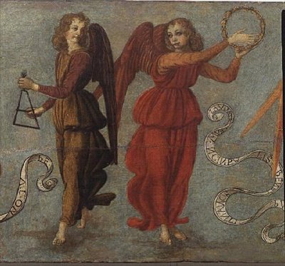 タンバリンと三角形を演奏する天使、1475-97年（パネル上のテンペラ）（64871の詳細、64872と64874も参照） 作： Francesco attr. to Botticini