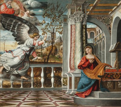 受胎告知」フランチェスコ・ダ・ミラノ（1502-1548年）の作品。フレスコ画、セラヴァッレ大聖堂、ヴィットリオ・ヴェネト 作： Francesco da Milano