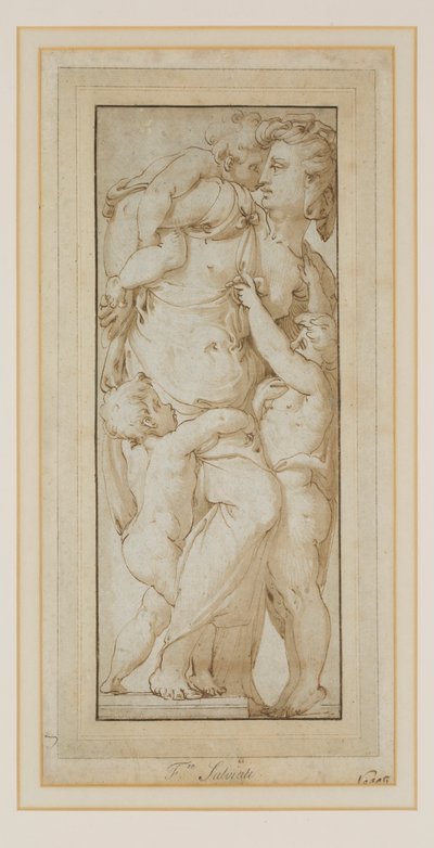 女性とプッティの研究（インクとウォッシュ） 作： Francesco de Rossi (follower of) Salviati