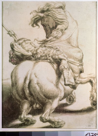 槍で貫かれたライダー。 フランチェスコ・デ・ロッシ (1510-1563) の素描。 紙にグリザイユ、20 x 15 cm 作： Francesco de Rossi Salviati