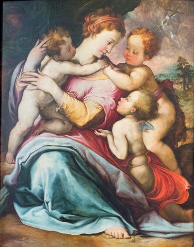 マドンナとチャイルド、若い聖ヨハネと天使 作： Francesco de Rossi Salviati Cecchino