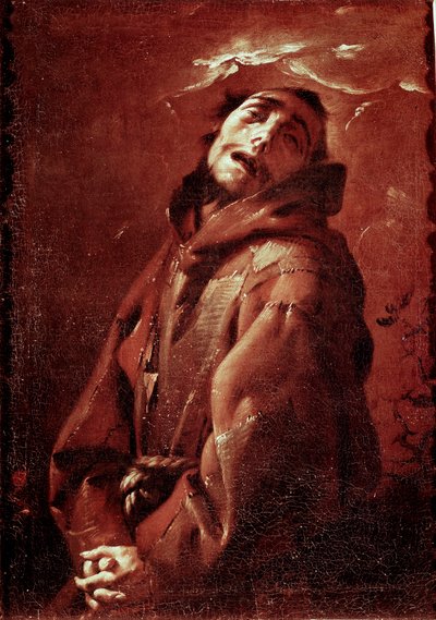 恍惚の表情を浮かべるアッシジの聖フランソワ フランチェスコ・デル・カイロ（1607-1665）の絵画 17世紀 日74x53 cm ミラノ、スフォルツァ城の市立美術館 作： Francesco del Cairo