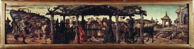 パラ・デッル・オッセルヴァンツァ"イエスの降誕" フランチェスコ・デル・コッサの絵画（1436年頃～1478年頃） 薄さ26,5x114,5 cm ドレスデン、ゲマルデギャラリー 作： Francesco del Cossa