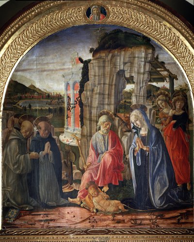 聖ベルナルドと聖トーマス・アクィナスのキリスト降誕 - 絵画 作： Francesco di Giorgio Martini