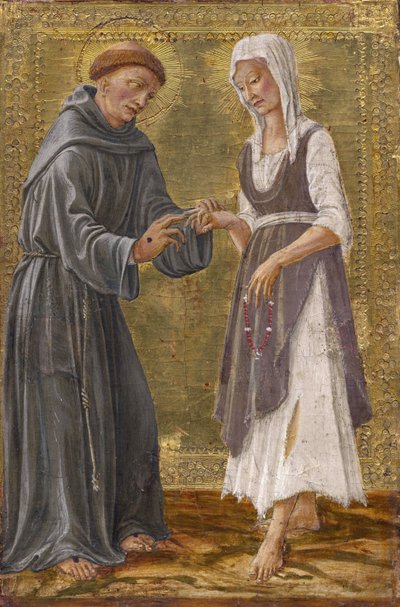 フランチェスコ・ディ・ジョルジョ・マルティーニ（1439-1501）による聖フランシスと貧困夫人の聖なる交換。 パネル上のテンペラ 作： Francesco di Giorgio Martini