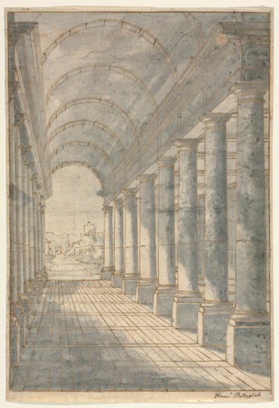 透視図でレンダリングされたバレル アーチ型のアーケード、1700 年代。 作： Francessco Battaglioli