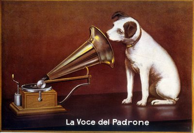 The voice of my Master」のイタリア語広告。 作： Francis (after) Barraud