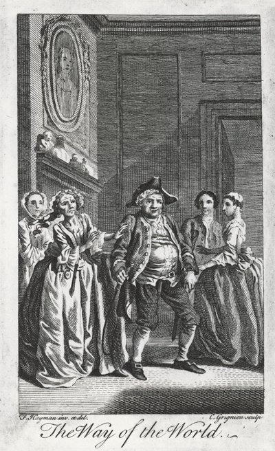ウィリアム・コングリーブ（1670-1729）作『世の習い』の一場面。1700年3月、リンカーンズ・イン・フィールズでフランシス・ヘイマンが描いた絵をチャールズ・グリニョンが彫ったもの。イギリス 作： Francis (after) Hayman