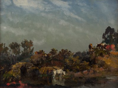 川沿いの牛のいる風景（カードに油彩） 作： Francis (attr.to) Danby