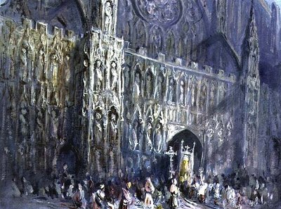 エクセター大聖堂の西側の正面、宗教的な行列が手前に 作： Francis Abel William Taylor Armstrong