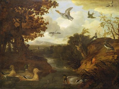 イタリア風の風景の中の小川についてのアヒルや他の鳥 作： Francis Barlow