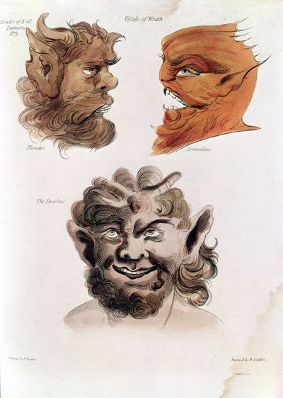 悪魔の頭：Theumis、Asmodeus、The Incubus、パブ「The Magus」のイラスト1801（手描きの彫刻） 作： Francis Barrett