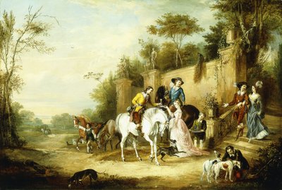 カントリーハウスの階段から始まるホーキングパーティー、1828年 作： Francis Calcraft Turner