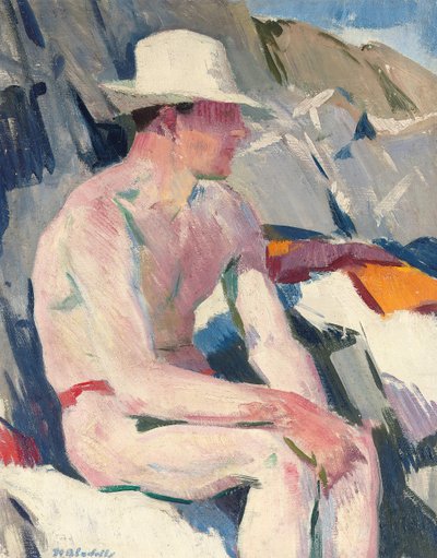 白い帽子をかぶる（パネルに油を塗る） 作： Francis Campbell Boileau Cadell