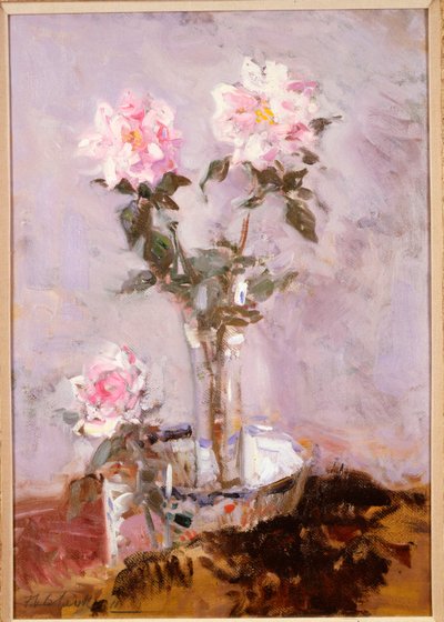 ガラスの花瓶のピンクのバラ 作： Francis Campbell Boileau Cadell