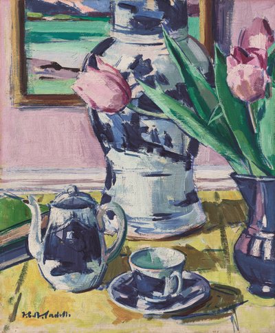 チューリップとイオナのある静物 作： Francis Campbell Boileau Cadell