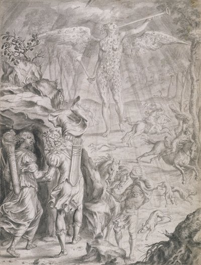 洞窟に隠れているディドとアエネアス（紙で洗う） 作： Francis Cleyn