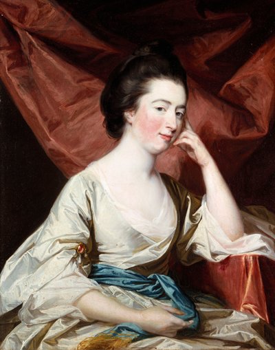 白いドレスと青いサッシュの女性の肖像画 作： Francis Cotes