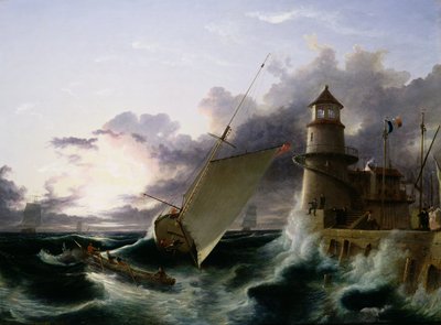 灯台のそばの船、去っていくスコール（油彩・キャンバス 作： Francis Danby