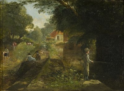 釣りをする少年、ステイプルトン、1822-23年頃（パネルにカードを敷いた油絵 作： Francis Danby