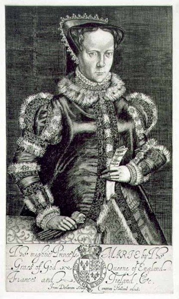 トマス・ホンガーの嘆願書を持つメアリー1世（1516-58）の肖像、画家が彫ったもの、コンプトン・ホランドが出版したもの（エングレーヴィング） 作： Francis Delaram