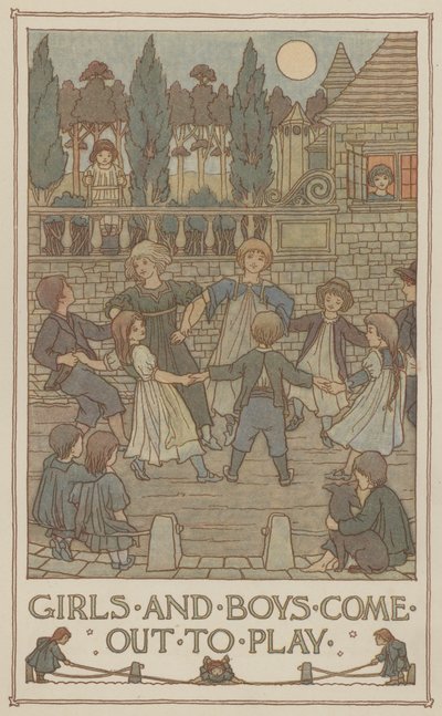 女の子と男の子が遊びに来る（カラーリトグラフ） 作： Francis Donkin Bedford