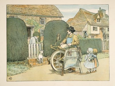 包丁砥ぎ」（『4人と20人の労働者』より）。1900年（カラーリトグラフ） 作： Francis Donkin Bedford