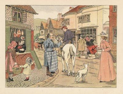 村の通りを馬に乗ったヴィクトリア朝の肉屋と肉屋の少年。エドワード・ヴェラール・ルーカスの『The Book of Shops』からフランシス・ドンキン・ベッドフォードのイラストをもとにしたクロモリトグラフ。 作： Francis Donkin Bedford