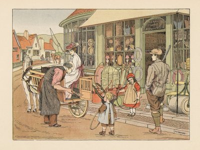 村の鉄工所、ヘンリー・フープのヴィクトリア朝の家族。エドワード・ヴェラール・ルーカスの『The Book of Shops』より、フランシス・ドンキン・ベッドフォードのイラストをもとにしたクロモリトグラフ。 作： Francis Donkin Bedford