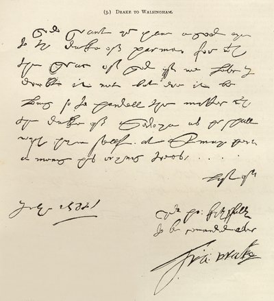 サーフランシスドレイクからサーフランシスウォルシンガムへの手紙は、1888年の「レジャーアワー」に掲載された1588年7月29日の署名（紙にインク） 作： Francis Drake