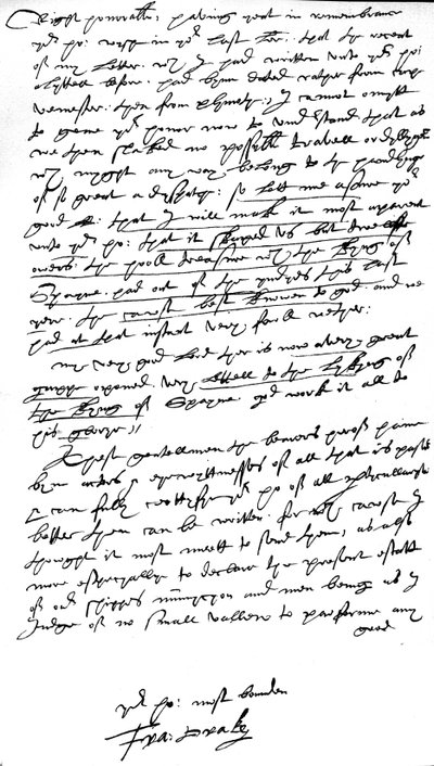 1586年7月26日、プリマスでの旗艦「エリザベスボナベンチャー」の船上に書かれたウィリアムセシル、バーリー卿、高財務大臣への手紙（紙にペンとインク） 作： Francis Drake