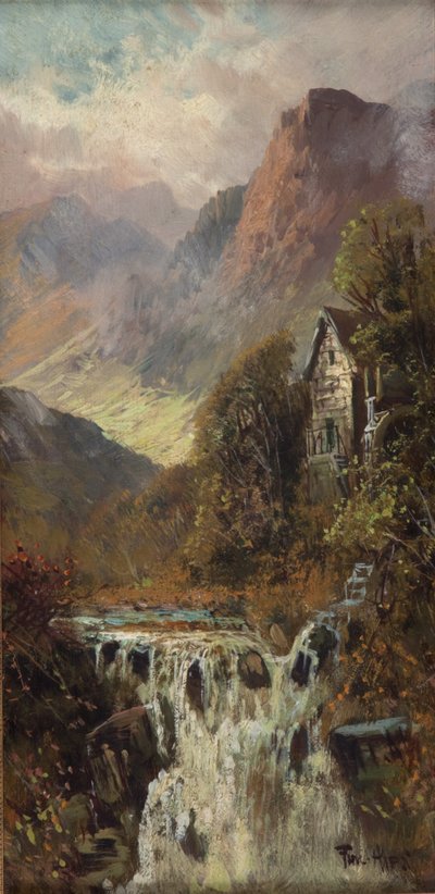 ミル、滝、山、ボディフリード（油彩・板） 作： Francis E. Jamieson