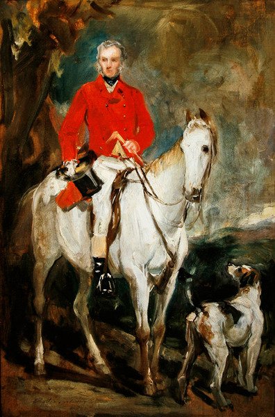 1863年頃、「ダートムーア・ハントのマスター、チャールズ・トレローニー（Esq.Charles Trelawny）が、お気に入りの猟師グリマルディ（Grimaldi）と、猟犬コンケラー（Conqueror）、ラウンジャー（Lounger）、ウィンダミア（Windermere）と一緒にいるところ」の習作（油彩・キャンバス 作： Francis Grant