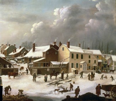 ブルックリンの冬景色、通りと郵便局の詳細、c.1817-20（84498の詳細） 作： Francis Guy