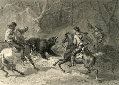 「熊をなげなわするネイティブ カリフォルニア人」、1874 年。 作： Francis Holl