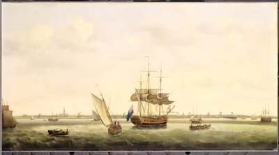 1775年頃、ノーフォークのグレートヤーマス沖のアンカーにあるフリゲート「サプライズ」 作： Francis Holman