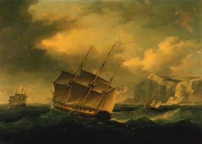ロッキー コーストに向かってフランスのフリゲート艦を押すイギリスのフリゲート艦 作： Francis II Sartorius