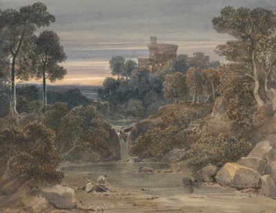 前景に城、滝、小川のある風景 作： Francis Oliver Finch