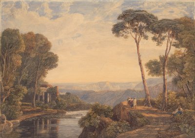 寺院のある風景と川沿いの人物 作： Francis Oliver Finch