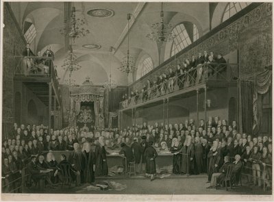 1820年に行われた重要な調査の際の貴族院内部の様子（エングレービング 作： Francis Phillip (after) Stephanoff