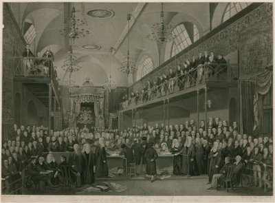 1820年の重要な調査中、ロンドンのウェストミンスターの貴族院の内部 作： Francis Phillip Stephanoff