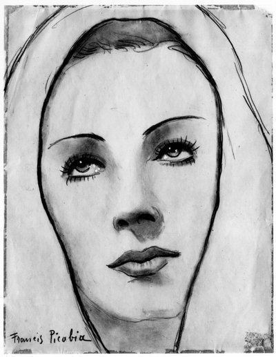 フランシス・ピカビア（1879-1953）作「ベールを被った女性の顔」、紙に黒鉛鉛筆と水彩。 作： Francis Picabia