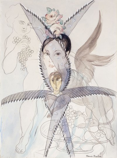 透明 - 頭と翼のある馬；透明 - テテとシュヴァル・アイル 1928年頃 （紙に水彩、ガッシュ、黒チョークと鉛筆） 作： Francis Picabia