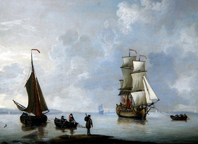 アンカーに曳航されるイギリス軍の戦艦（銅に油彩） 作： Francis Swaine