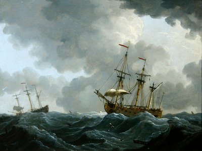 海兵隊員：近づく嵐の中の2隻のフリゲート艦（銅に油絵） 作： Francis Swaine