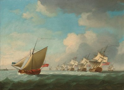 アドミラルティヨットを沿岸に置いて海峡を上っていく赤の戦隊 作： Francis Swaine