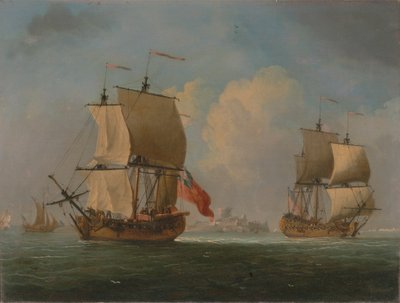 そよ風に吹かれるイングリッシュ スループとフリゲート艦 作： Francis Swaine